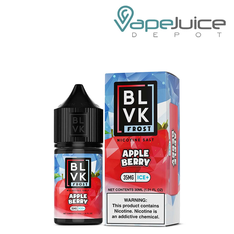 A 30ml bottle of Apple Berry Salt BLVK Frost 35mg and a box with a warning sign next to it - Vape Juice Depot