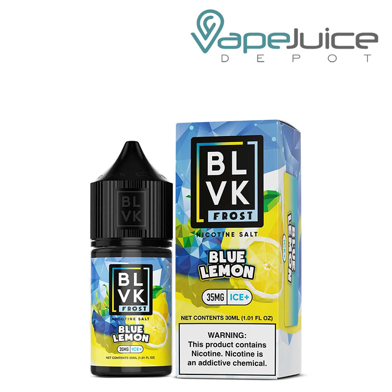 A 30ml bottle of Blue Lemon Salt BLVK Frost 35mg and a box with a warning sign next to it - Vape Juice Depot