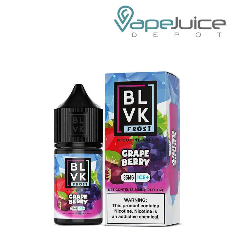 A 30ml bottle of Grape Berry Salt BLVK Frost 35mg and a box with a warning sign next to it - Vape Juice Depot