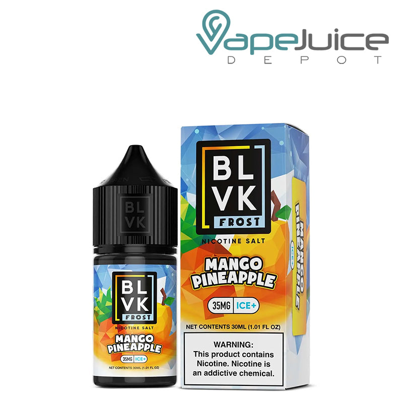 A 30ml bottle of Mango Pineapple Salt BLVK Frost 35mg and a box with a warning sign next to it - Vape Juice Depot