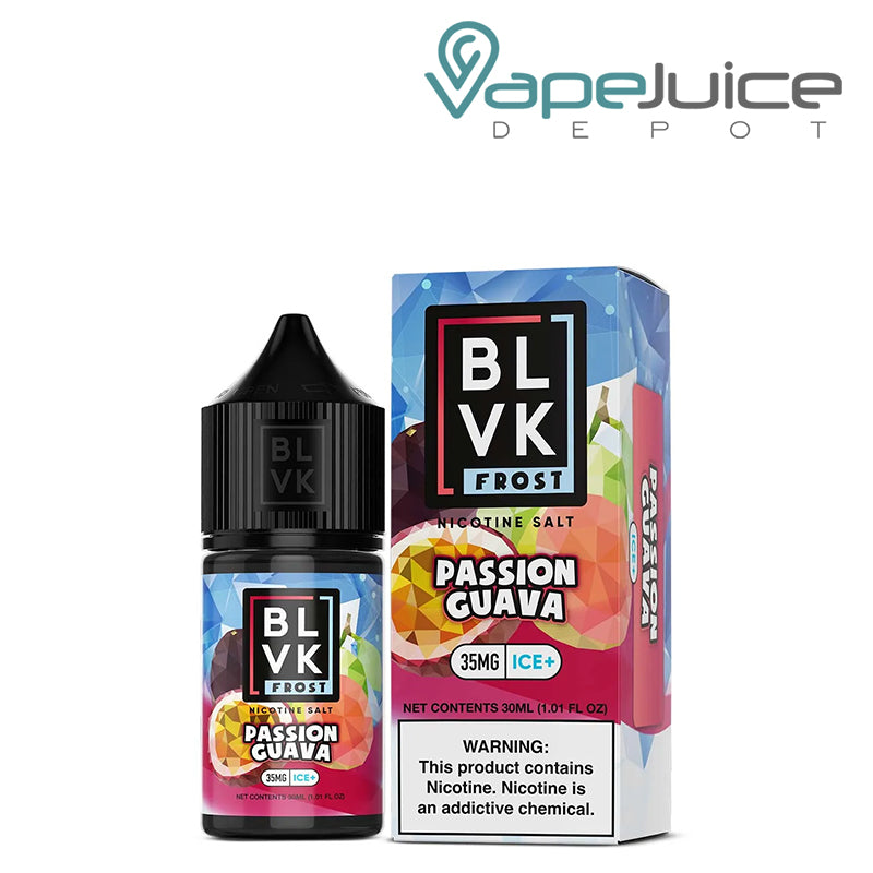 A 30ml bottle of Passion Guava Salt BLVK Frost 35mg and a box with a warning sign next to it - Vape Juice Depot