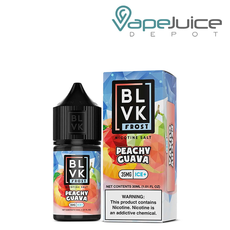 30ml bottle of Peachy Guava Salt BLVK Frost 35mg and a box with a warning sign next to it - Vape Juice Depot