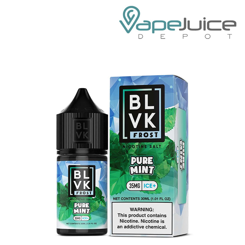 30ml bottle of Pure Mint Salt BLVK Frost 35mg and a box with a warning sign next to it - Vape Juice Depot