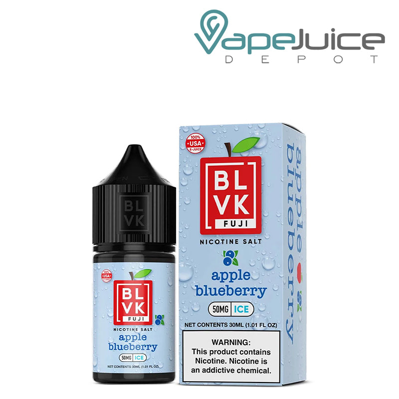 A 30ml bottle of Apple Blueberry Ice BLVK Fuji Salt 50mg and a box with a warning sign next to it - Vape Juice Depot