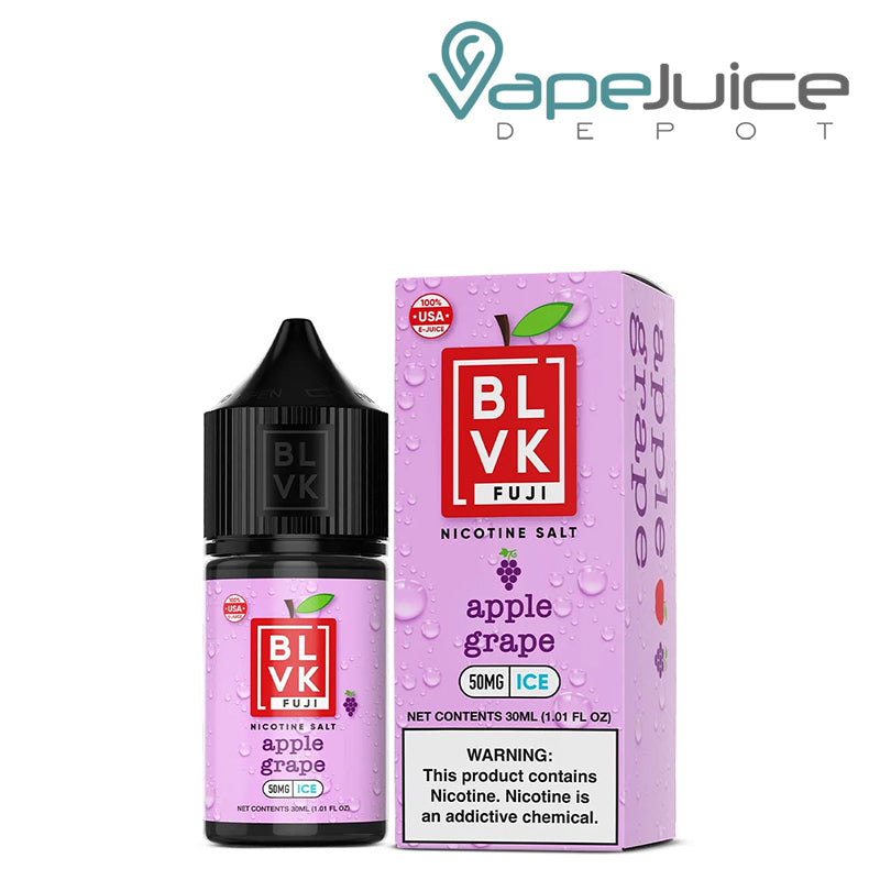 A 30ml bottle of Apple Grape Ice BLVK Fuji Salt 50mg and a box with a warning sign next to it - Vape Juice Depot