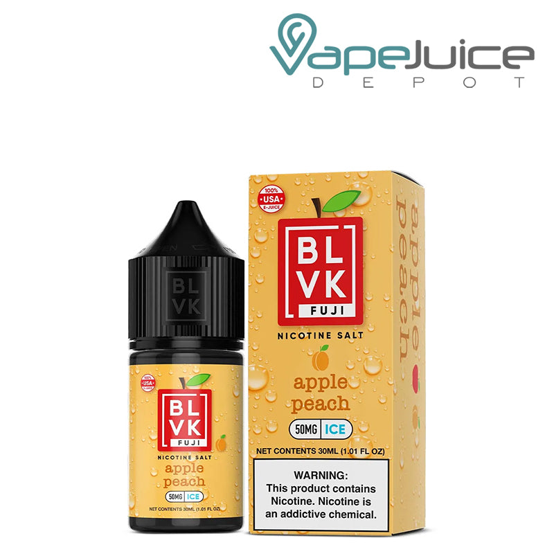 A 30ml bottle of Apple Peach Ice BLVK Fuji Salt 50mg and a box with a warning sign next to it - Vape Juice Depot