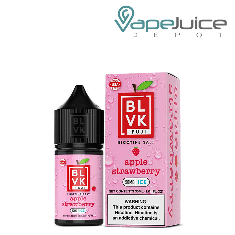 A 30ml bottle of Apple Strawberry Ice BLVK Fuji Salt 50mg and a box with a warning sign next to it - Vape Juice Depot