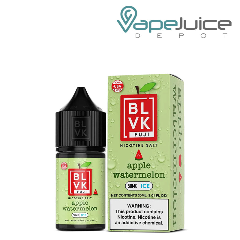 A 30ml bottle of Apple Watermelon Ice BLVK Fuji Salt 50mg and a box with a warning sign next to it - Vape Juice Depot