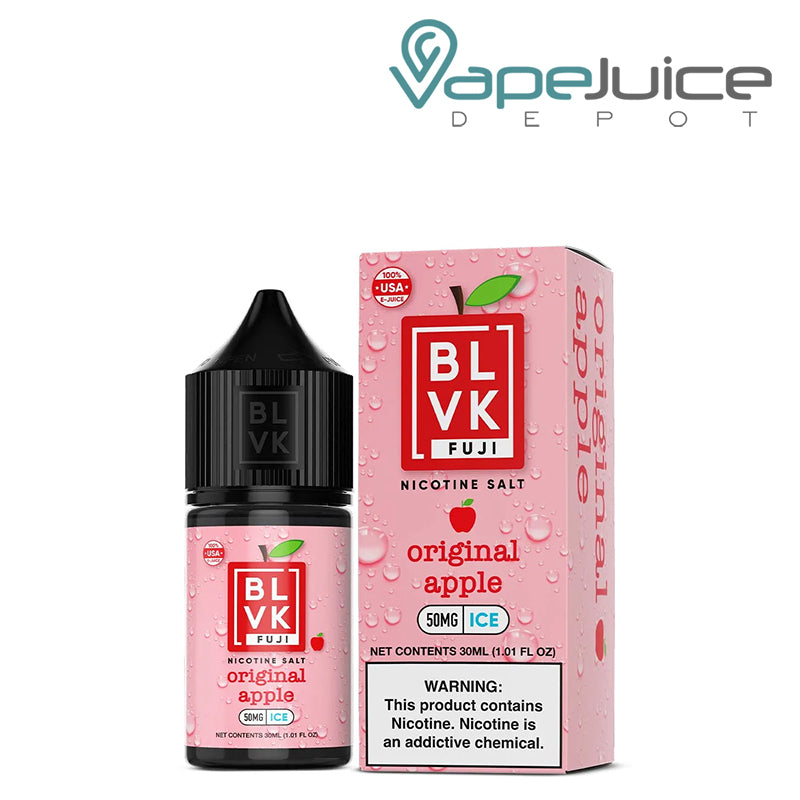 A 30ml bottle of Original Apple Ice BLVK Fuji Salt 50mg and a box with a warning sign next to it - Vape Juice Depot