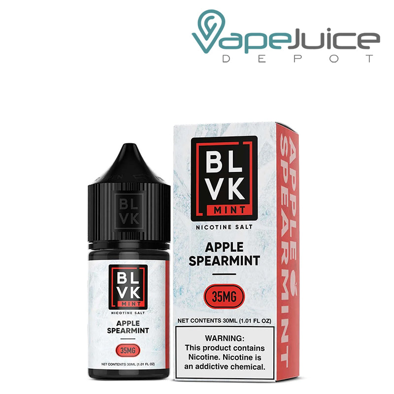 A 30ml bottle of Apple Spearmint Salt BLVK Mint 35mg and a box with a warning sign next to it - Vape Juice Depot