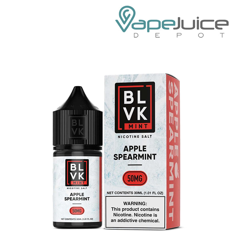 A 30ml bottle of Apple Spearmint Salt BLVK Mint 50mg and a box with a warning sign next to it - Vape Juice Depot