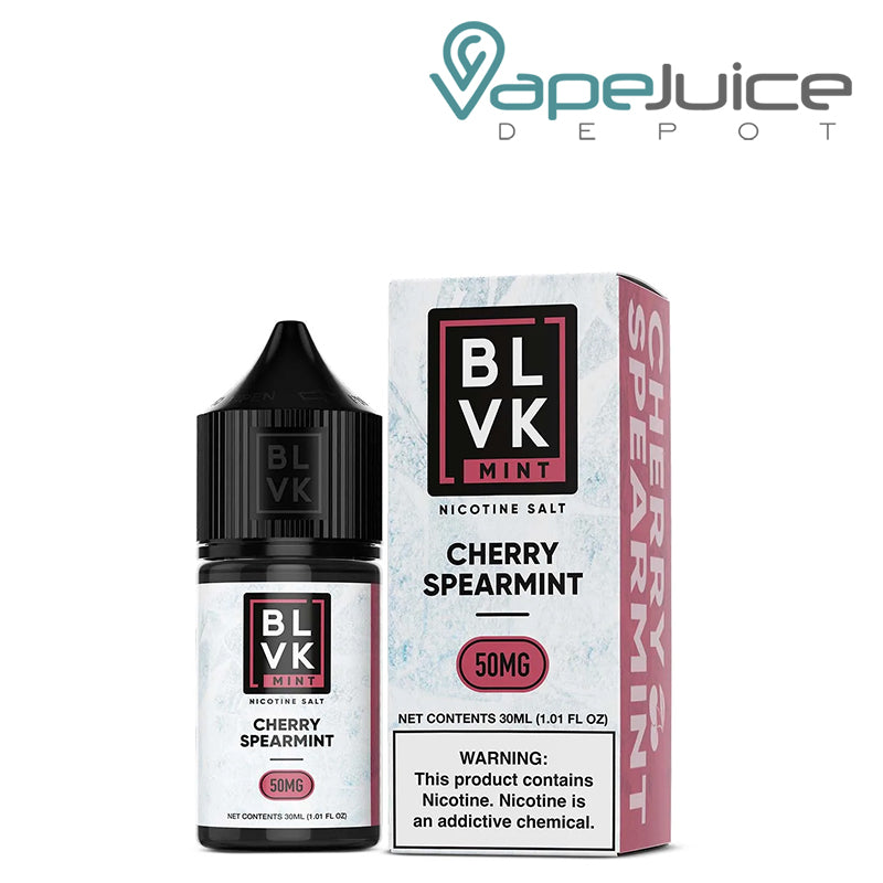 A 30ml bottle of Cherry Spearmint Salt BLVK Mint 50mg and a box with a warning sign next to it - Vape Juice Depot