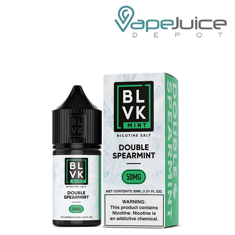 A 30ml bottle of Double Spearmint Salt BLVK Mint 50mg and a box with a warning sign next to it - Vape Juice Depot