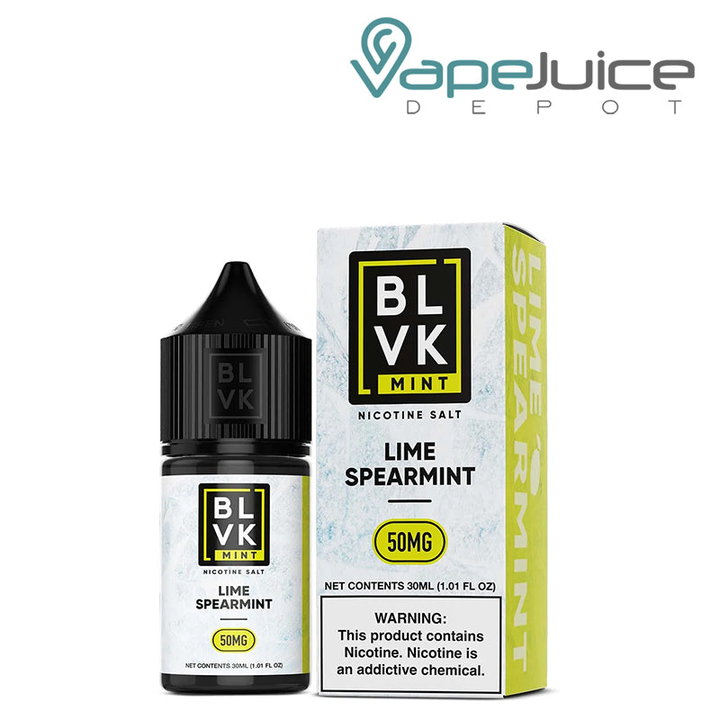 A 30ml bottle of Lime Spearmint Salt BLVK Mint 50mg and a box with a warning sign next to it - Vape Juice Depot