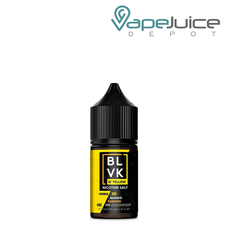 A 30ml bottle of Mango Passion Ice BLVK N' Yellow Salt - Vape Juice Depot