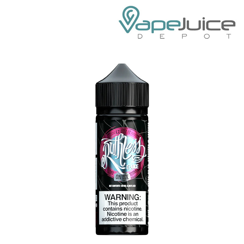 A 120ml bottle of EZ Duz It On Ice Ruthless Vapor with a warning sign - Vape Juice Depot