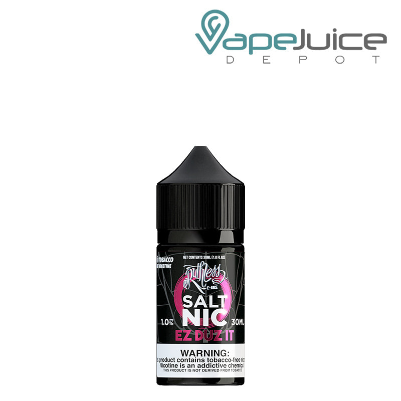 A 30ml bottle of EZ Duz It Ruthless Salt Nic with a warning sign - Vape Juice Depot