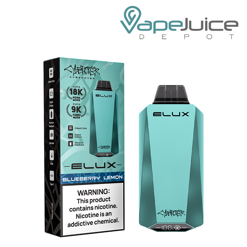 A Box of Blueberry Lemon Elux Cyberover 18K Disposable with a warning sign and a Disposable next to it - Vape Juice Depot