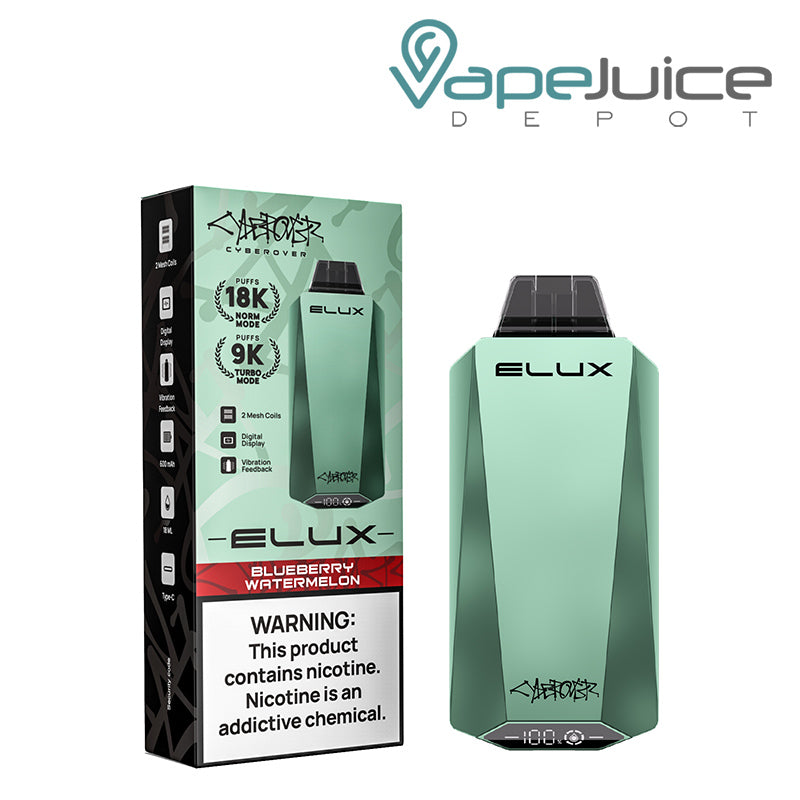 A Box of Blueberry Watermelon Elux Cyberover 18K Disposable with a warning sign and a Disposable next to it - Vape Juice Depot