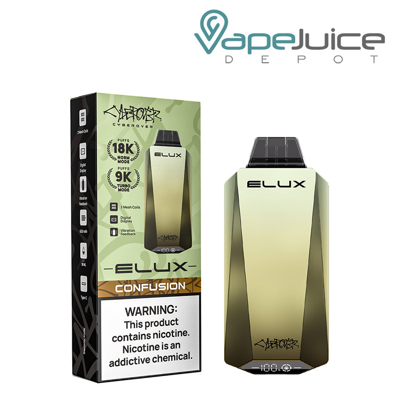 A Box of Confusion Elux Cyberover 18K Disposable with a warning sign and a Disposable next to it - Vape Juice Depot