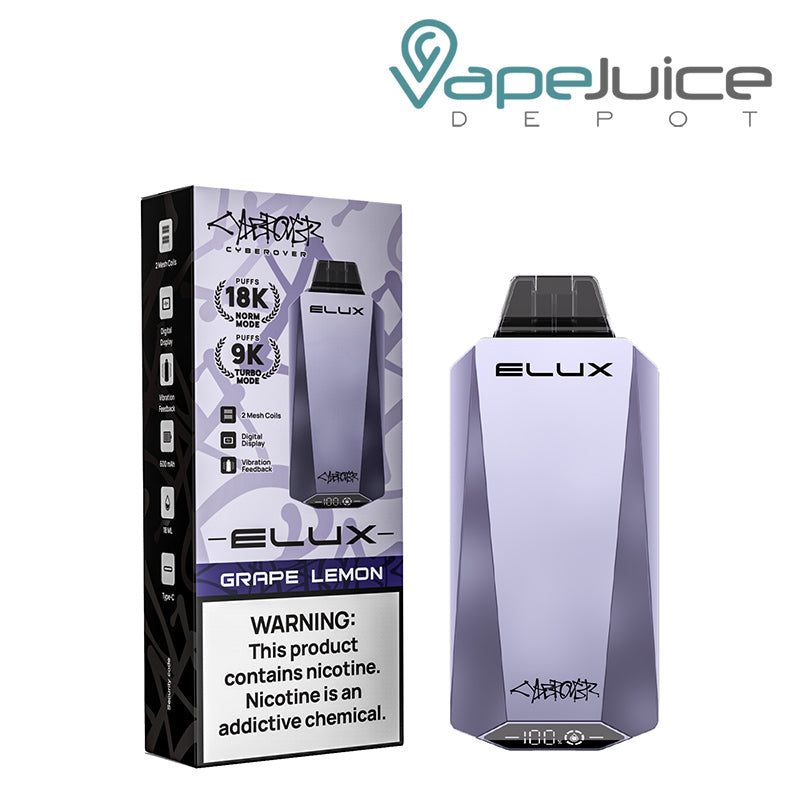 A Box of Grape Lemon Elux Cyberover 18K Disposable with a warning sign and a Disposable next to it - Vape Juice Depot
