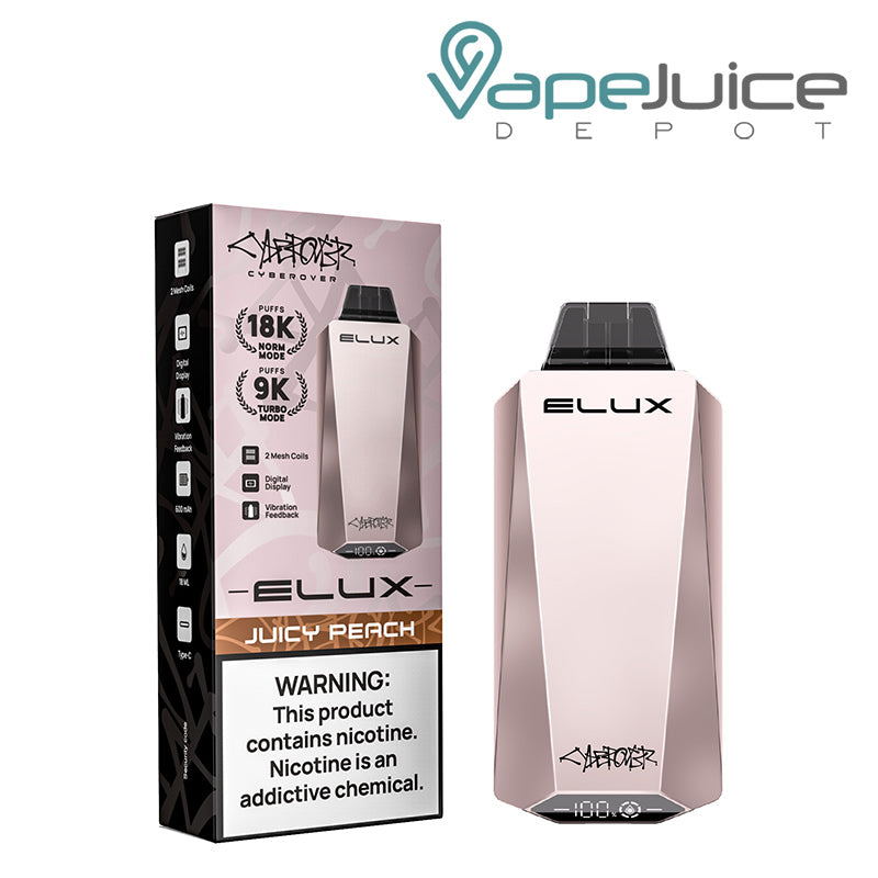 A Box of Juicy Peach Elux Cyberover 18K Disposable with a warning sign and a Disposable next to it - Vape Juice Depot