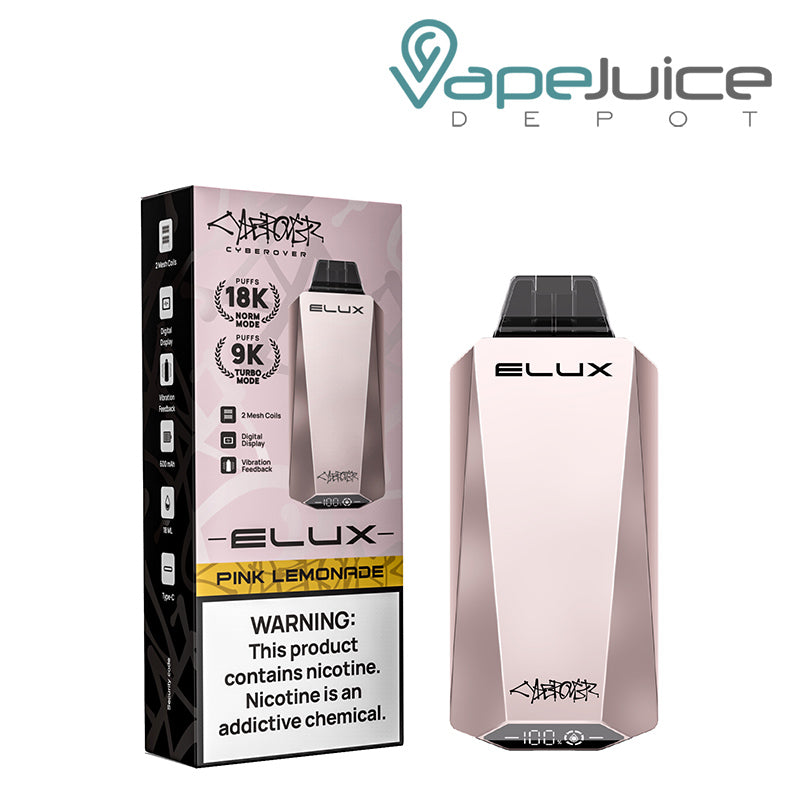 A Box of Pink Lemonade Elux Cyberover 18K Disposable with a warning sign and a Disposable next to it - Vape Juice Depot