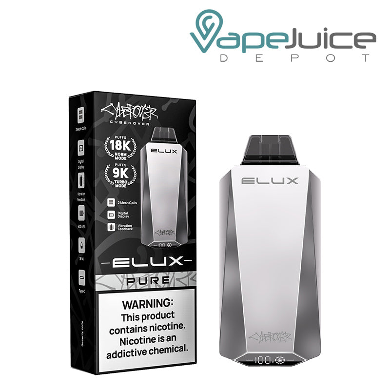 A Box of Pure Elux Cyberover 18K Disposable with a warning sign and a Disposable next to it - Vape Juice Depot