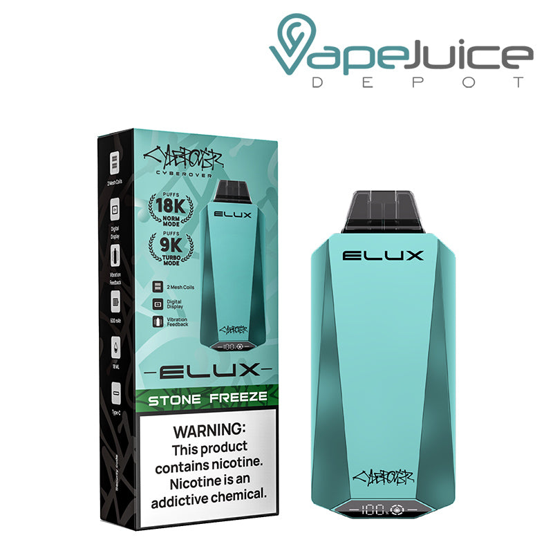 A Box of Stone Freeze Elux Cyberover 18K Disposable with a warning sign and a Disposable next to it - Vape Juice Depot