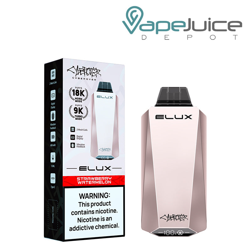 A Box of Strawberry Watermelon Elux Cyberover 18K Disposable with a warning sign and a Disposable next to it - Vape Juice Depot
