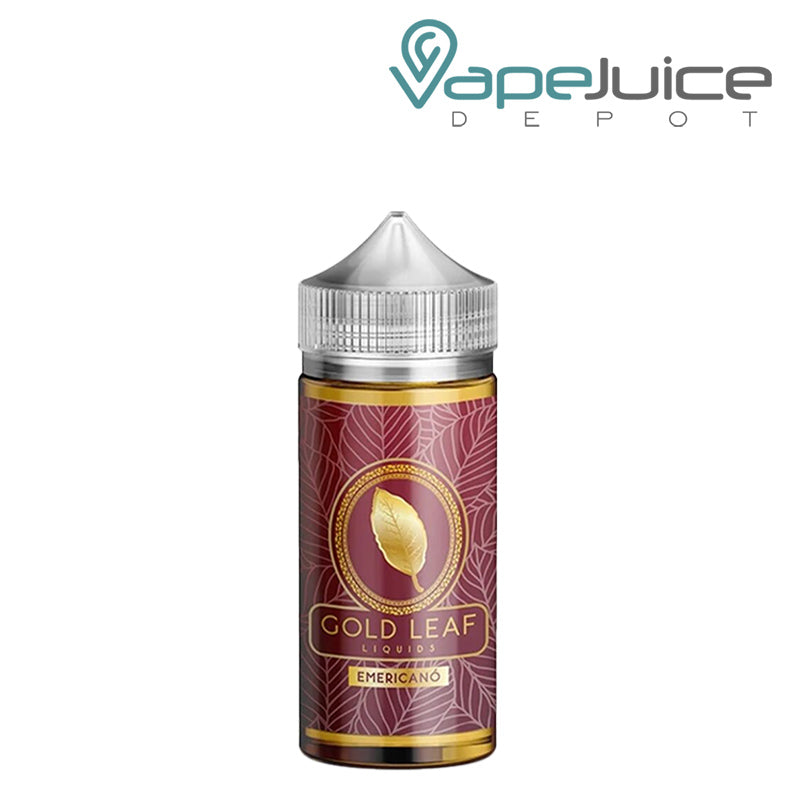 A 100ml bottle of Emericano Gold Leaf eLiquid with a warning sign - Vape Juice Depot
