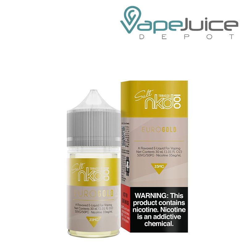 A 30ml bottle of Euro Gold Naked 100 Salt eLiquid and a box with a warning sign next to it - Vape Juice Depot