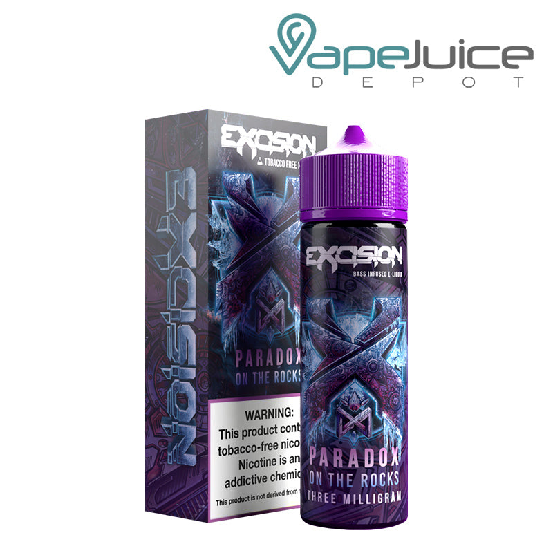 A box of Excision Paradox On The Rocks ALT ZERO eLiquid with a warning sign and a 60ml bottle next to it - Vape Juice Depot