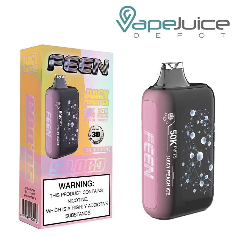 A Box of Juicy Peach Ice FEEN 50K 2% Nicotine Disposable with a warning sign and a device with a 3D screen next to it - Vape Juice Depot