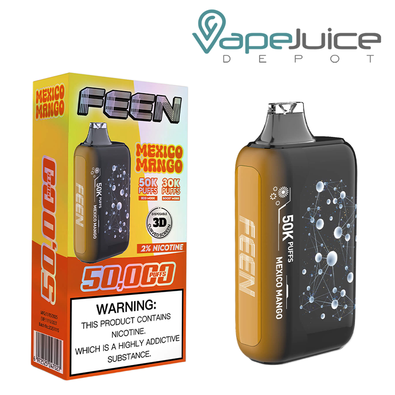 A Box of Mexico Mango FEEN 50K 2% Nicotine Disposable with a warning sign and a device with a 3D screen next to it - Vape Juice Depot