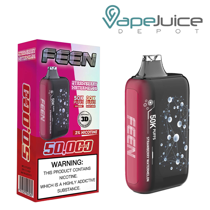 A Box of Strawberry Watermelon FEEN 50K 2% Nicotine Disposable with a warning sign and a device with a 3D screen next to it - Vape Juice Depot