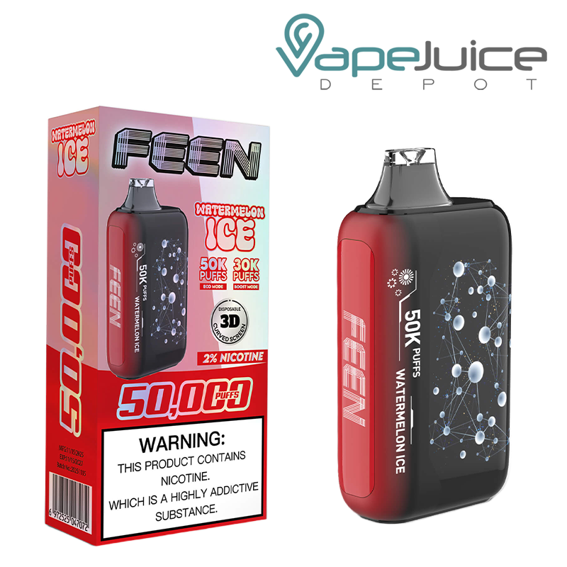 A Box of Watermelon Ice FEEN 50K 2% Nicotine Disposable with a warning sign and a device with a 3D screen next to it - Vape Juice Depot