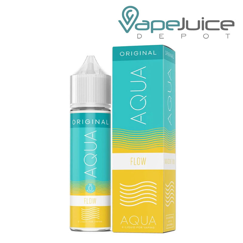 A 60ml bottle of FLOW AQUA Original eLiquid and a box next to it - Vape Juice Depot