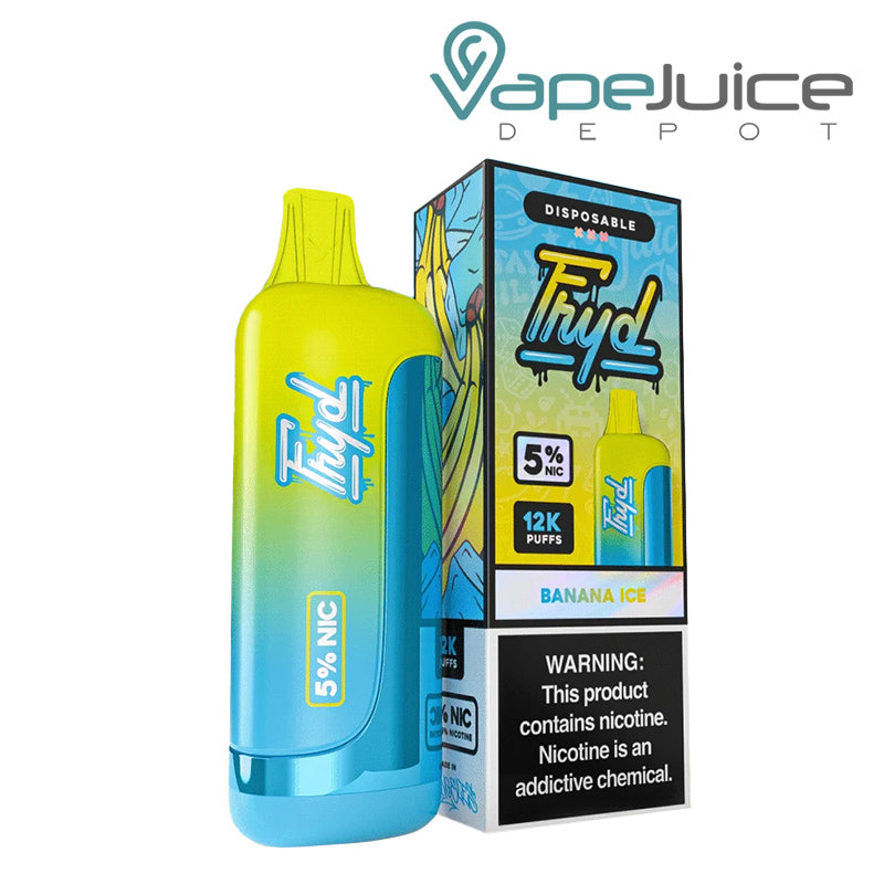 Banana Ice FRYD 12K Disposable Vape with display screen and a box with a warning sign next to it - Vape Juice Depot