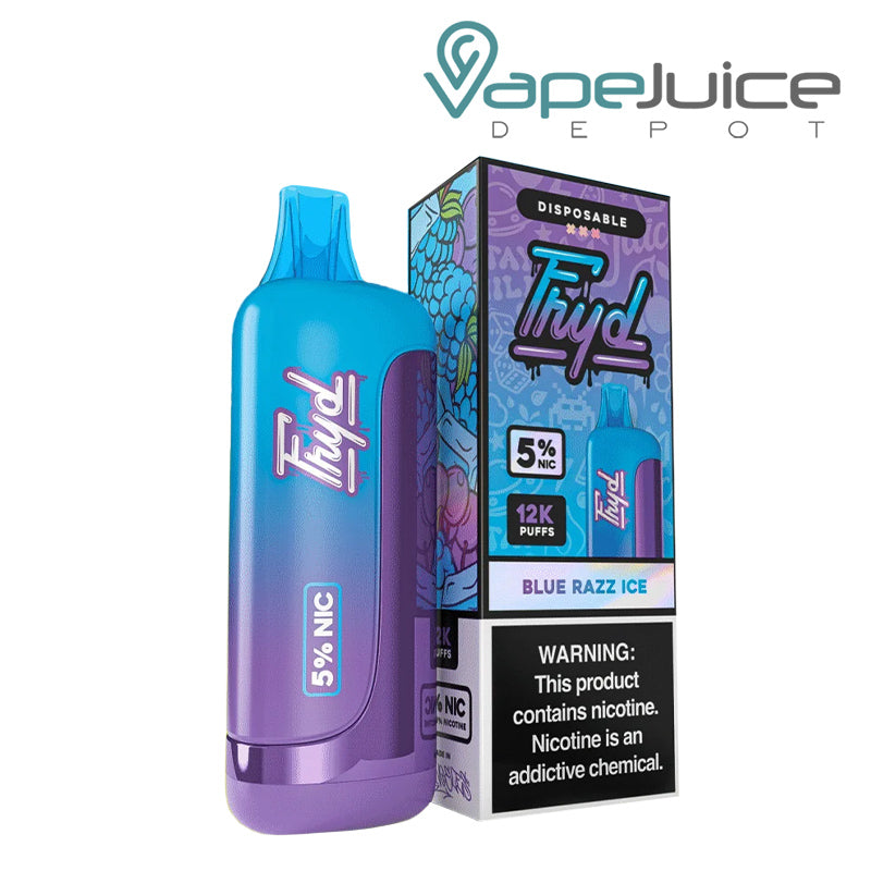 Blue Razz Ice FRYD 12K Disposable Vape with display screen and a box with a warning sign next to it - Vape Juice Depot
