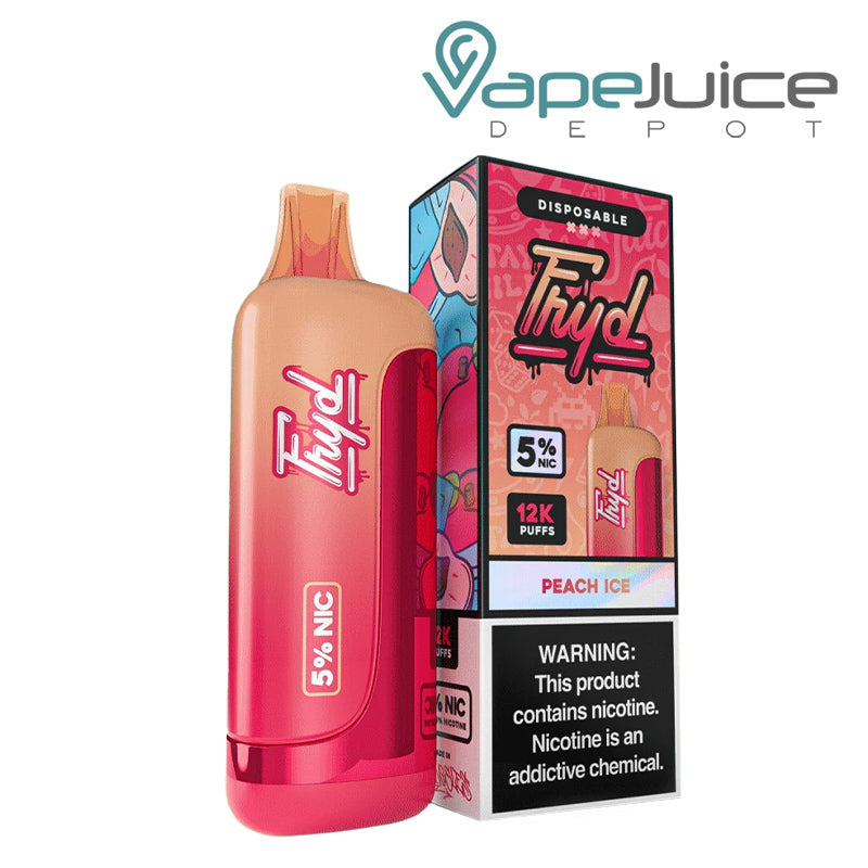Peach Ice FRYD 12K Disposable Vape with display screen and a box with a warning sign next to it - Vape Juice Depot