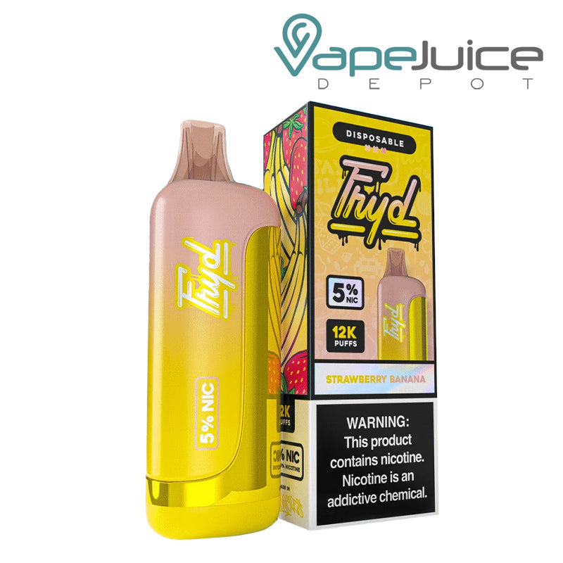 Strawberry Banana FRYD 12K Disposable Vape with display screen and a box with a warning sign next to it - Vape Juice Depot