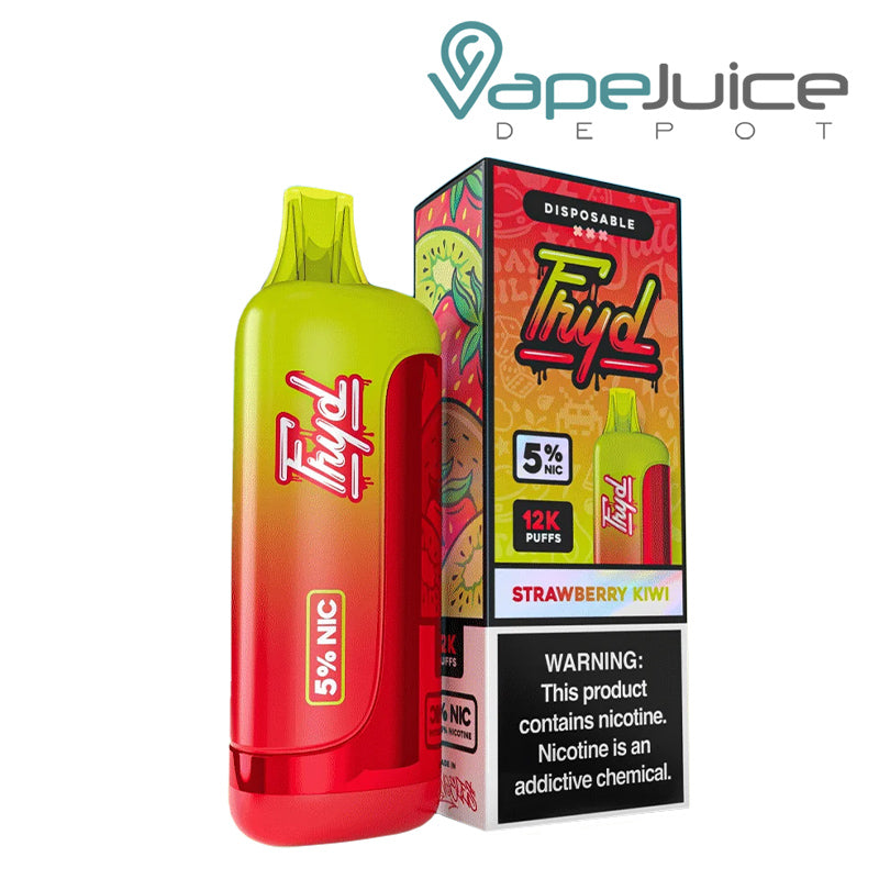 Strawberry Kiwi FRYD 12K Disposable Vape with display screen and a box with a warning sign next to it - Vape Juice Depot