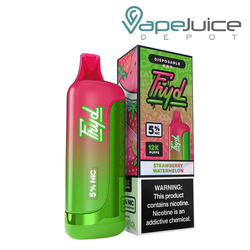 Strawberry Watermelon FRYD 12K Disposable Vape with display screen and a box with a warning sign next to it - Vape Juice Depot