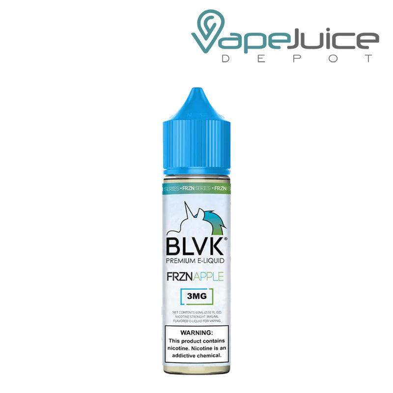 A 60ml bottle of FRZNApple BLVK Unicorn eLiquid with a warning sign - Vape Juice Depot