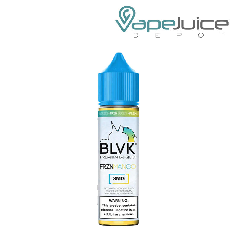 A 60ml bottle of FRZNMANGO BLVK Unicorn eLiquid with a warning sign - Vape Juice Depot