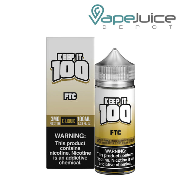 A box of FTC (OG Krunch) Keep It 100 TFN eLiquid with a warning sign and a 100ml bottle next to it - Vape Juice Depot