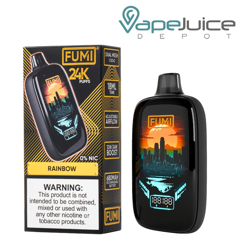 Rainbow FUMI 24K Zero Nicotine Disposable box with a warning sign next to a disposable - Vape Juice Depot