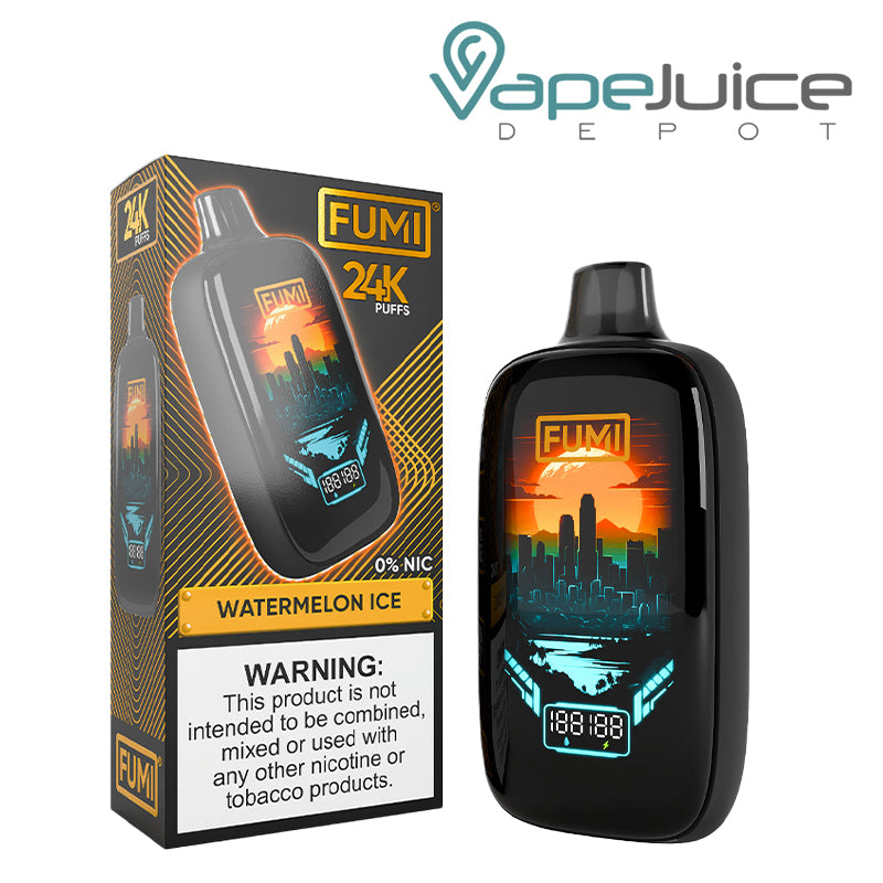 Watermelon Ice FUMI 24K Zero Nicotine Disposable box with a warning sign next to a disposable - Vape Juice Depot