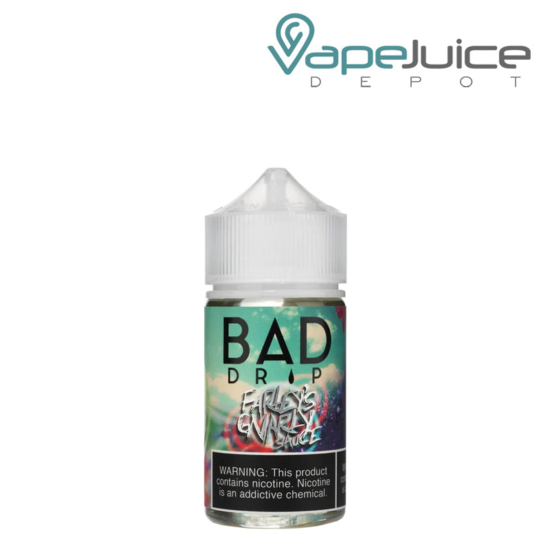 A 60ml bottle of Farley's Gnarly Sauce Bad Drip eLiquid with a warning sign - Vape Juice Depot